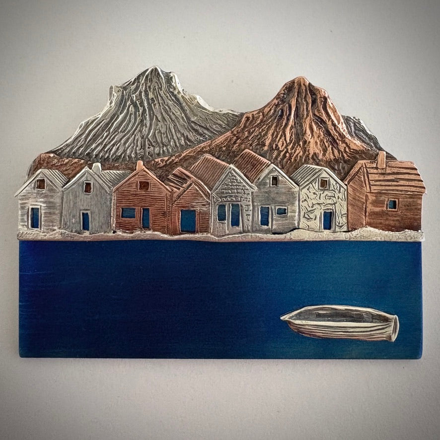 The Village- Large Brooch, One of a kind, Silver Copper Titanium