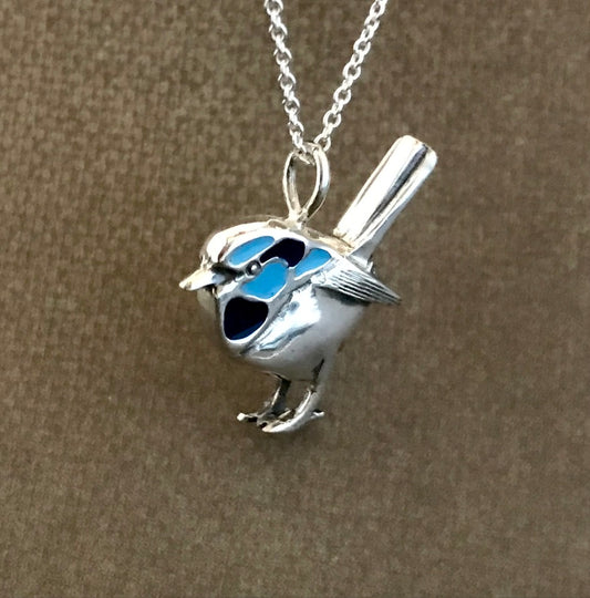 Blue Wren Pendant- 2 sided sterling silver 22mm