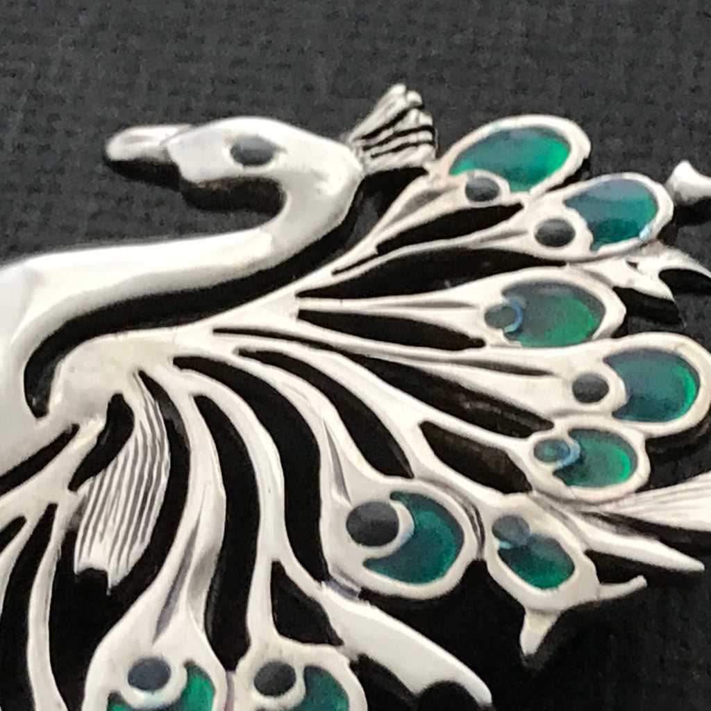 Peacock Brooch silver and enamel