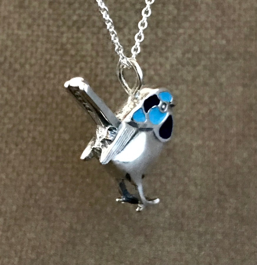 Blue Wren Pendant- 2 sided sterling silver 22mm