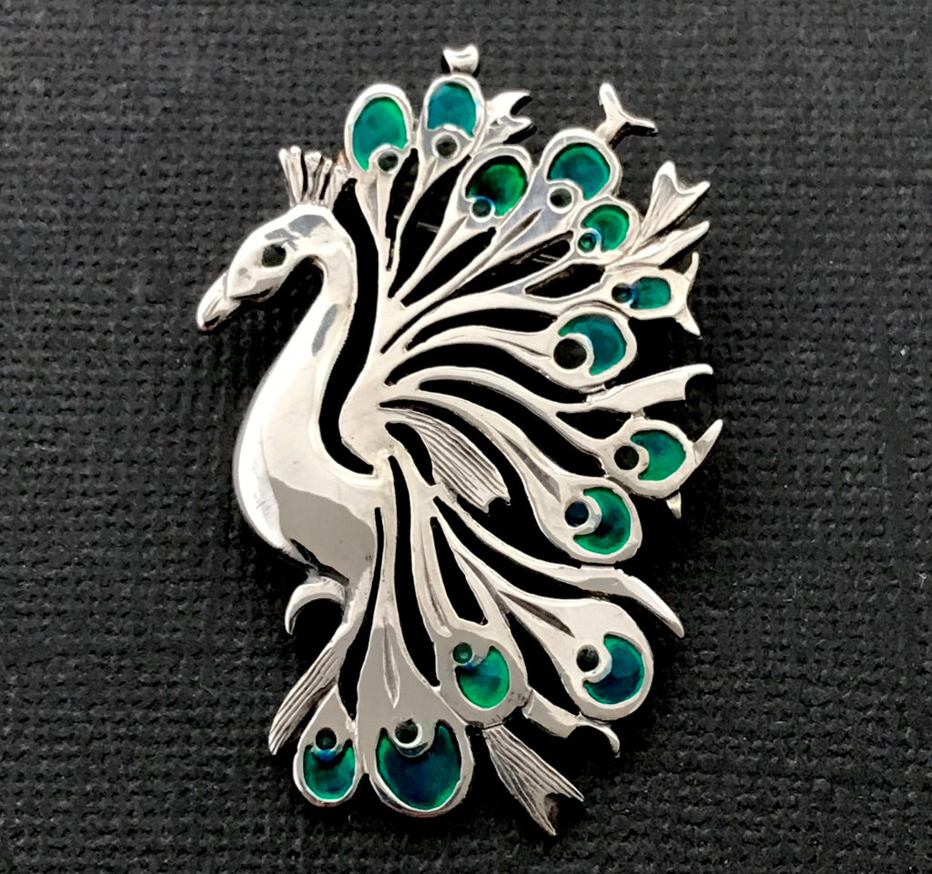 Peacock Brooch silver and enamel
