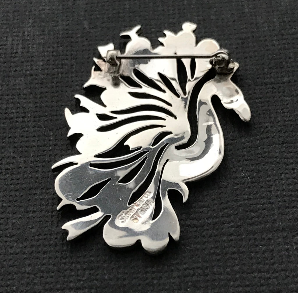 Peacock Brooch silver and enamel