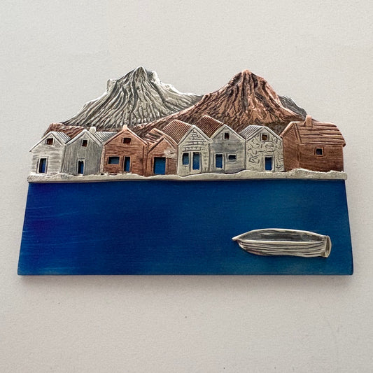 The Village- Large Brooch, One of a kind, Silver Copper Titanium