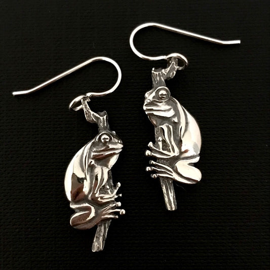 Frog hanging earings - sterling silver 30mm plus hook