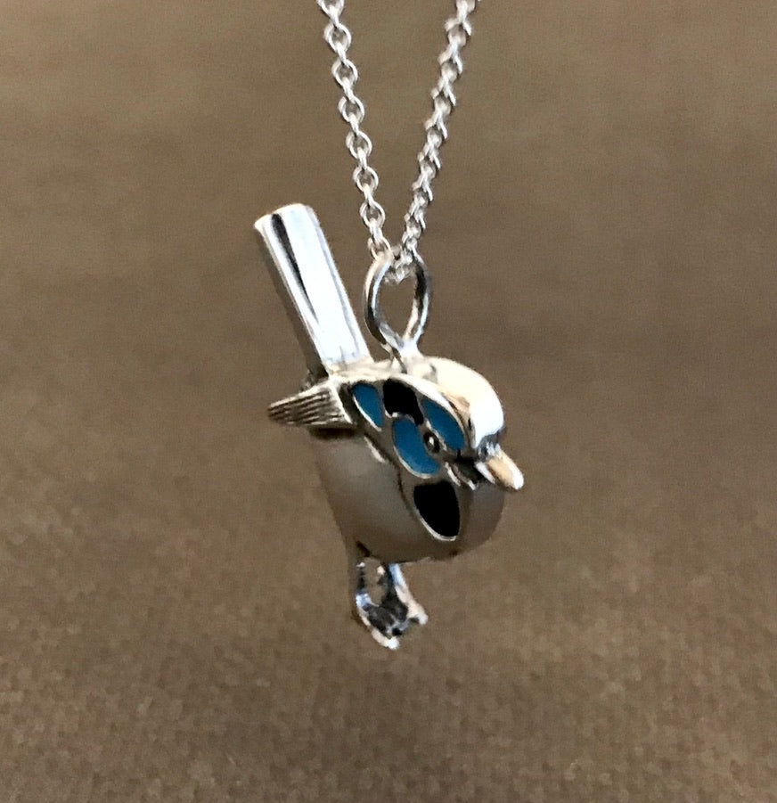 Blue Wren Pendant- 2 sided sterling silver 22mm