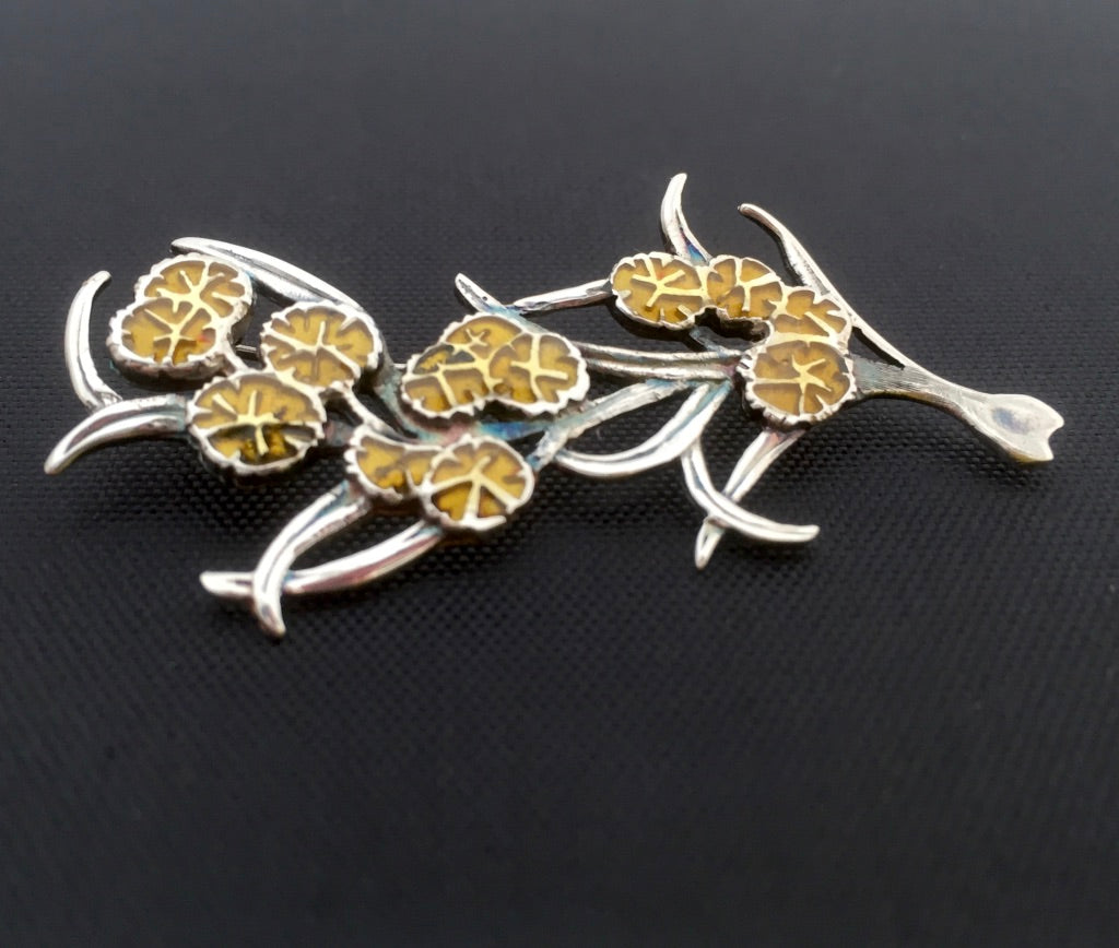 Wattle enamelled brooch