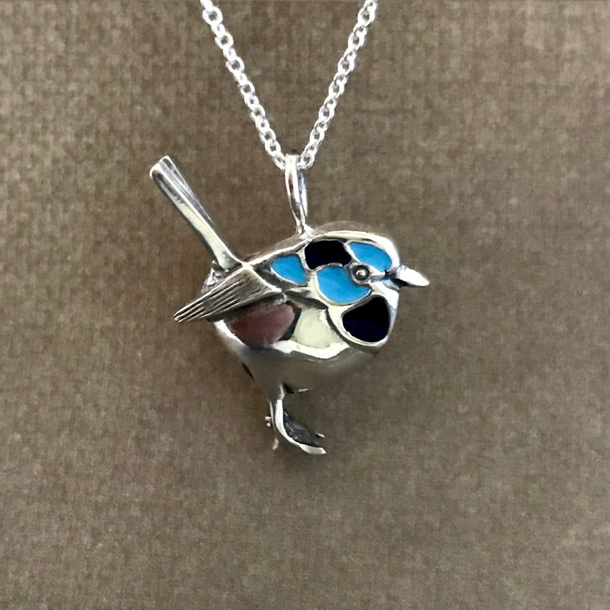 Blue Wren Pendant- 2 sided sterling silver 22mm