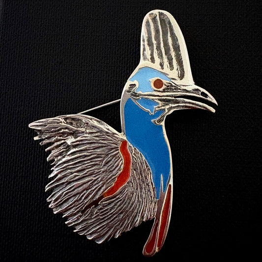 Cassowary Brooch - large 54mm sterling silver and enamel