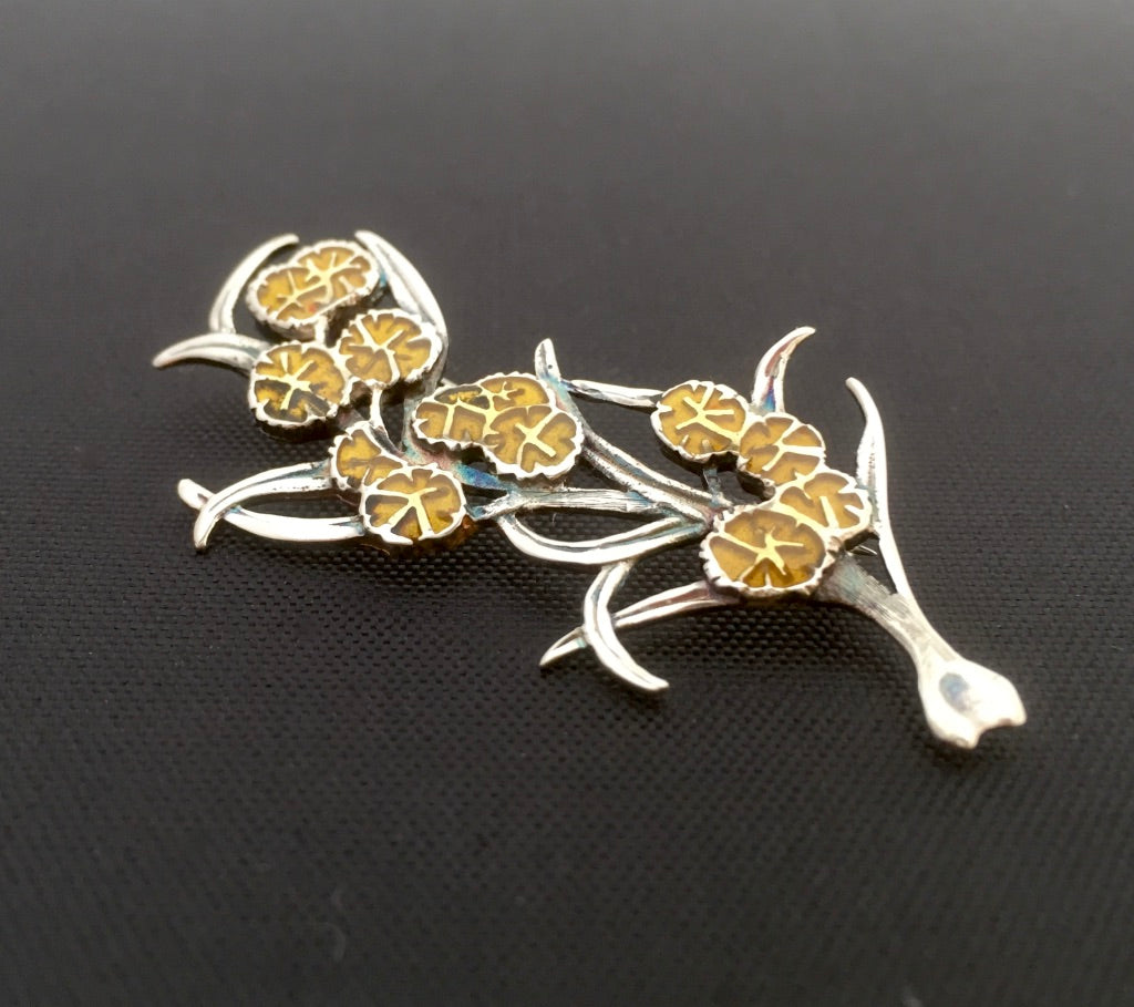 Wattle enamelled brooch
