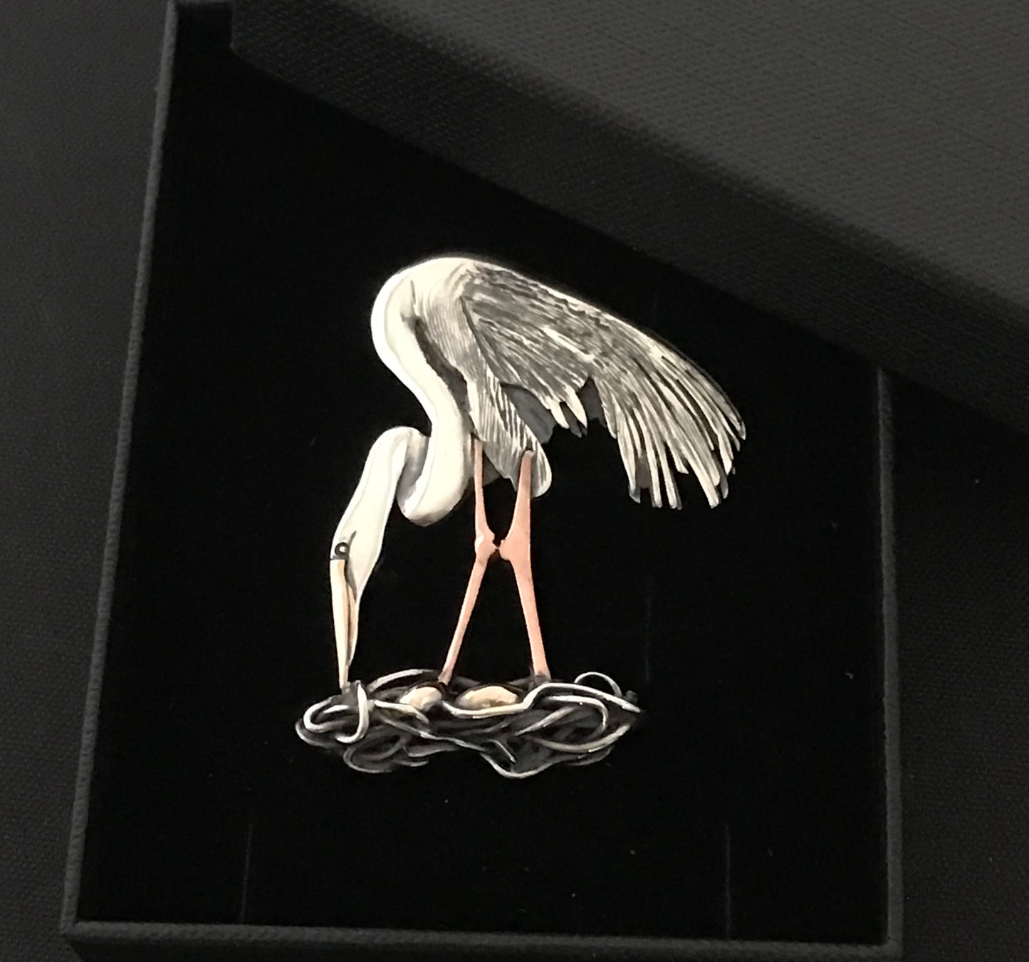 Egret on Nest- brooch- "House Keeping"- Sterling silver, gold, copper