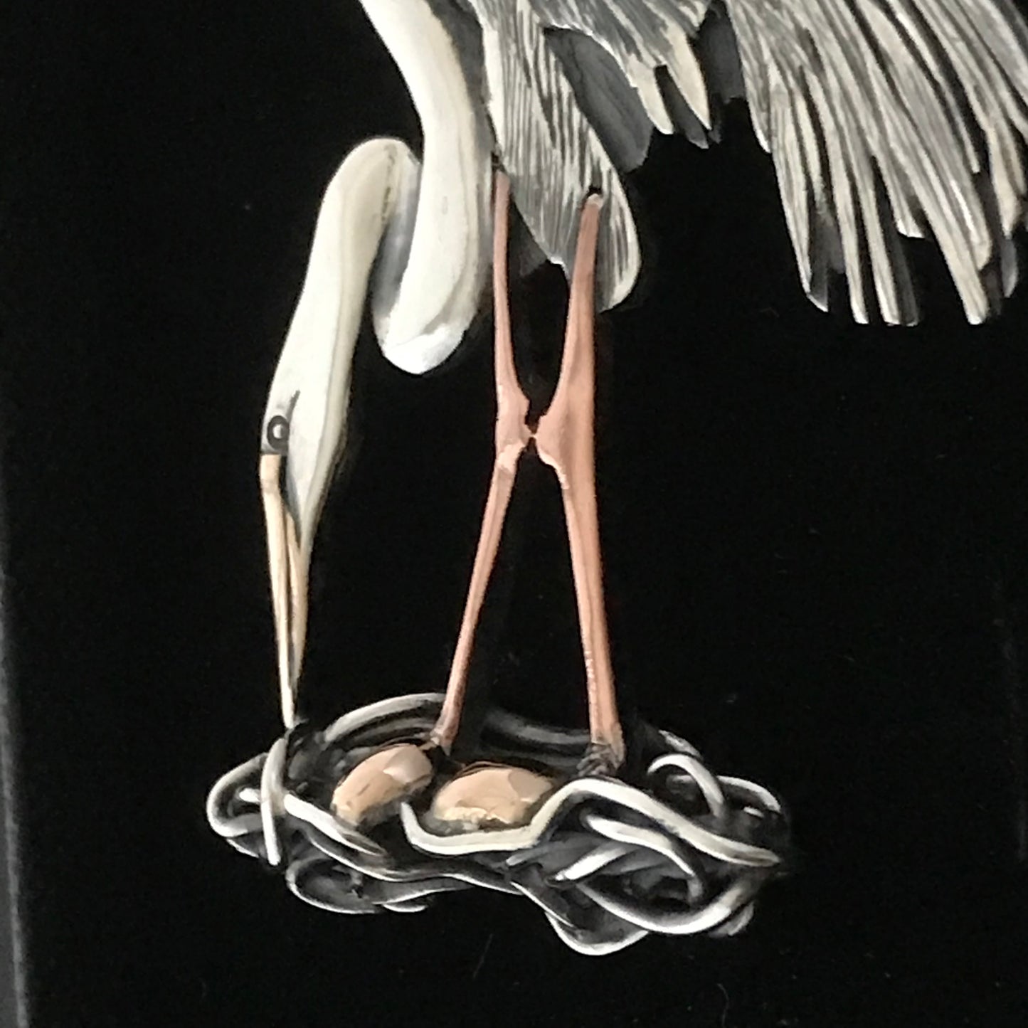 Egret on Nest- brooch- "House Keeping"- Sterling silver, gold, copper