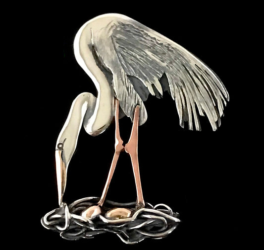 Egret on Nest- brooch- "House Keeping"- Sterling silver, gold, copper