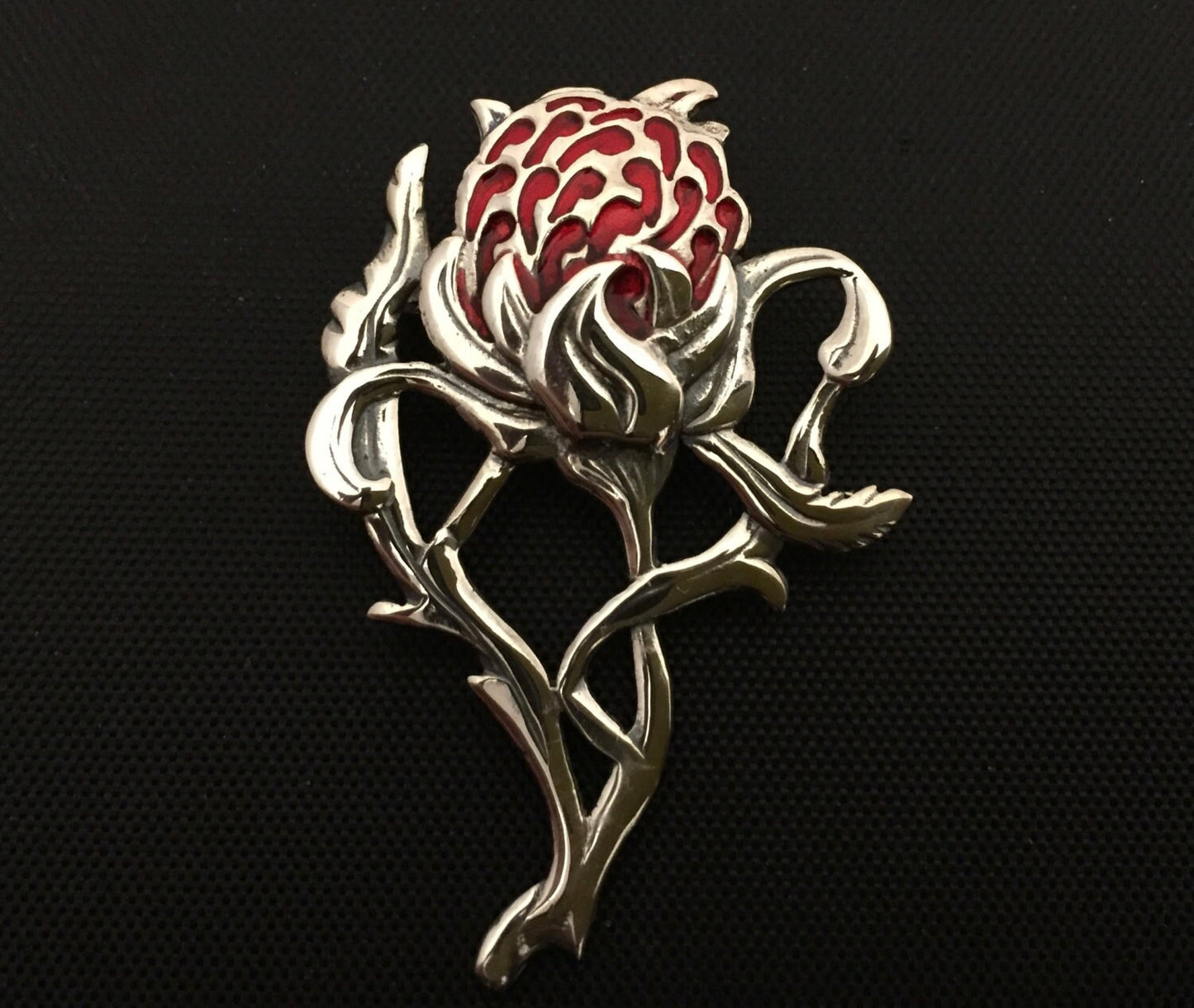 Large Waratah brooch- sterling silver, cold fill enamel