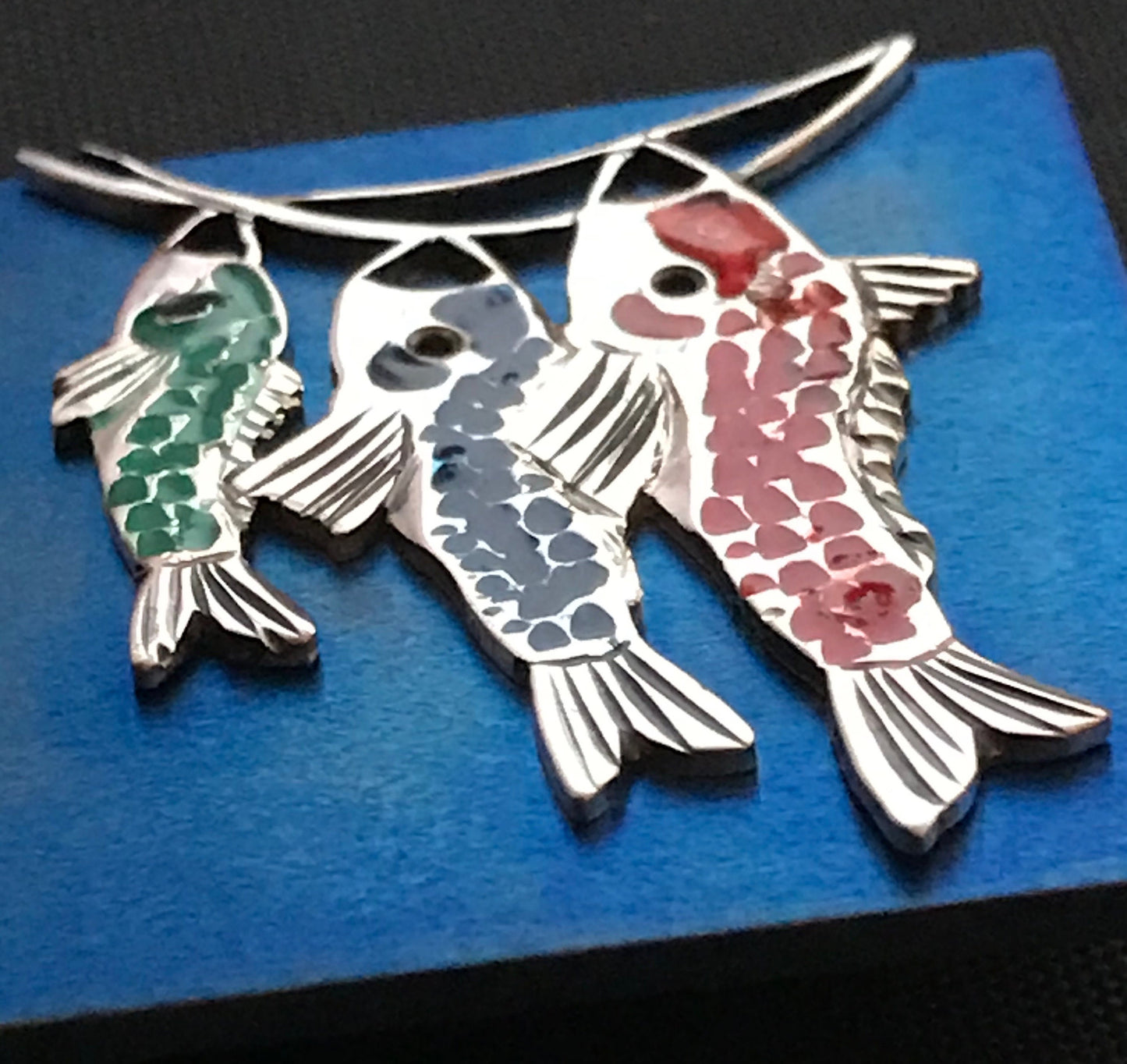 Flying Fish- Koi kites-  Large feature Brooch in Silver and titanium