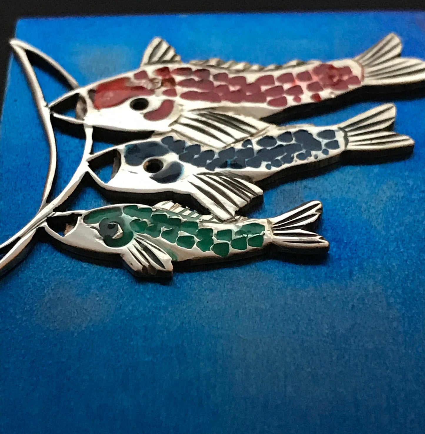 Flying Fish- Koi kites-  Large feature Brooch in Silver and titanium