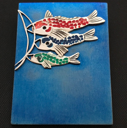 Flying Fish- Koi kites-  Large feature Brooch in Silver and titanium