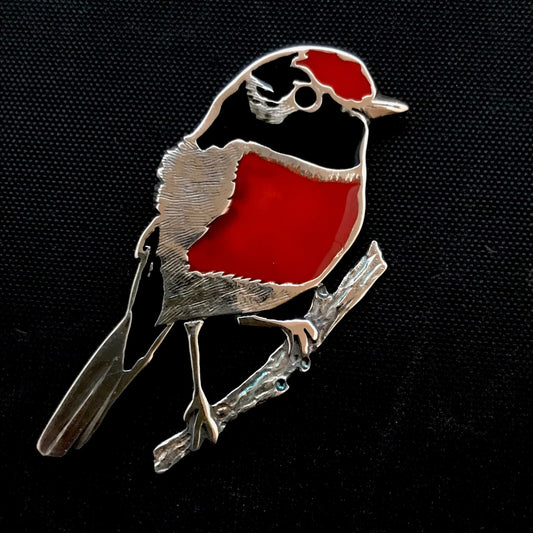 Red-capped Robin- brooch- Sterling Silver, enamel