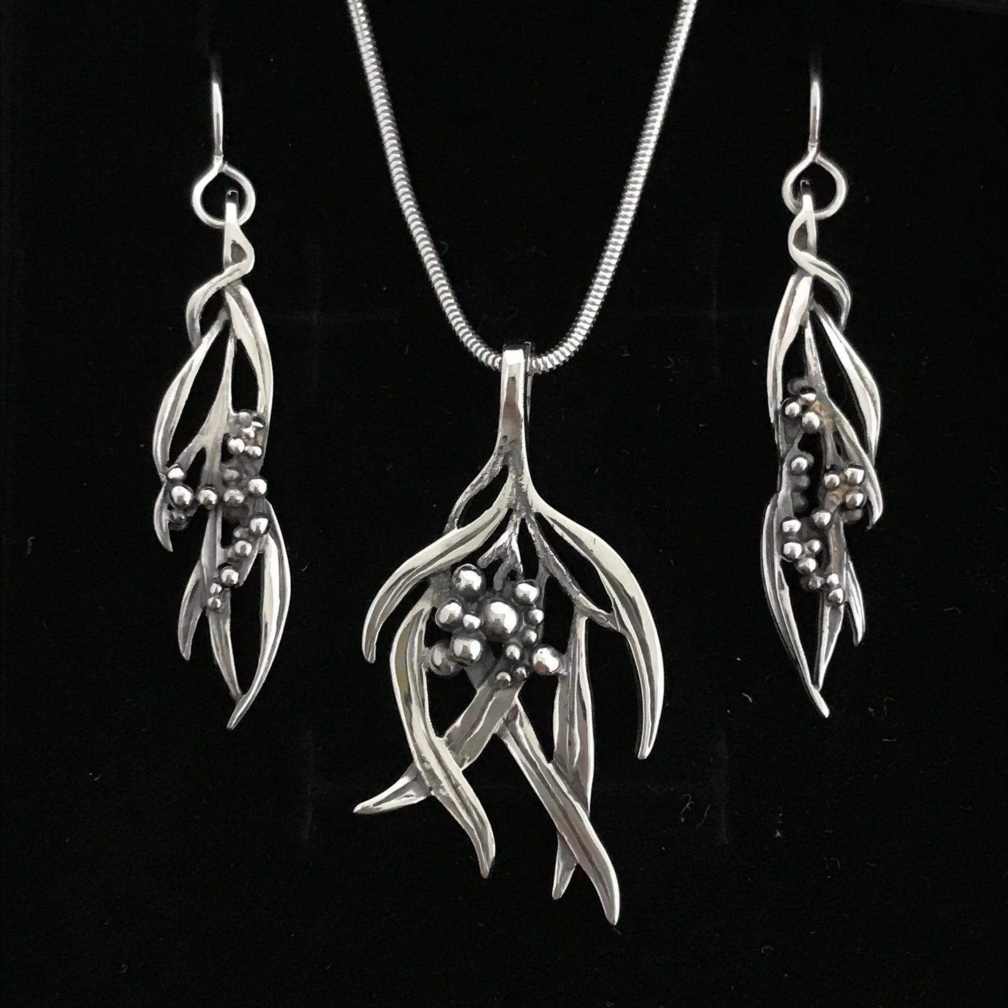 SET-Wattle Hanging Earrings and Medium pendant on chain -BOXED